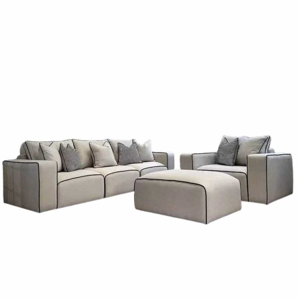 Stratus Interiors Sloane 2-Tone Modular L-Shape Sofa in Beige with Custom Contrast Piping and Velvet Fabric – 2