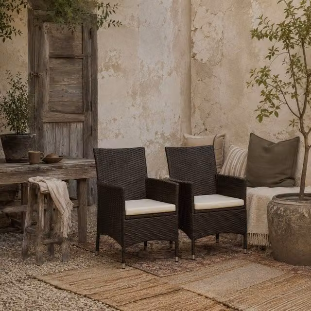 Wyld Haus Dodone Deep Coffee PE Rattan Outdoor Dining Armchairs, Set of 2, White and Brown – 1