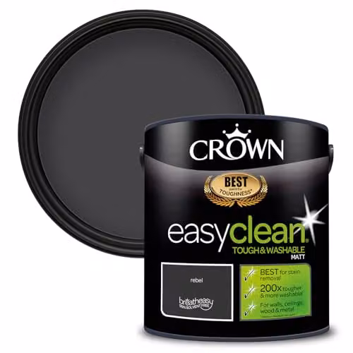 Crown EASYCLEAN Grey Black Matt Emulsion Wall Paint, Water Based and Solvent Free, 2.5L