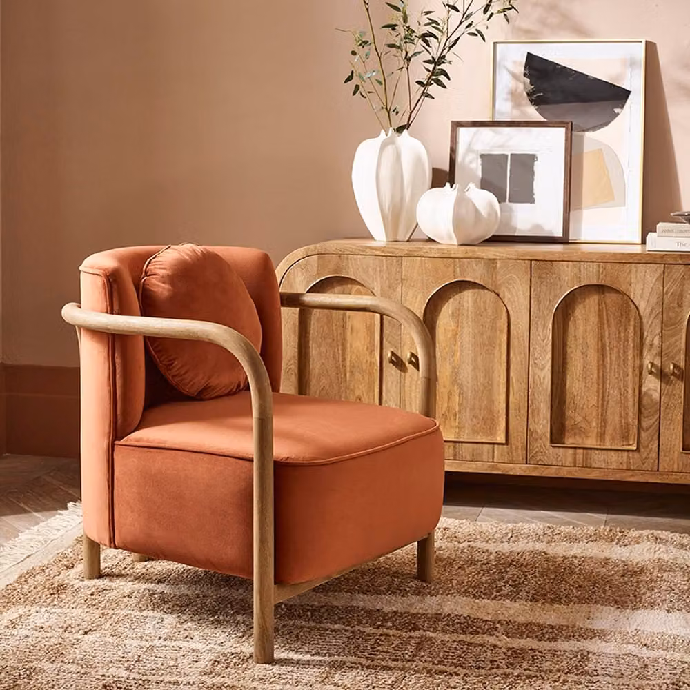 Atkin and Thyme Holly Tub Armchair in Orange Rust Velvet with Solid Wood Frame