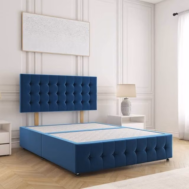 BSSPOKE Eva Double Divan Bed Set with 24 inch Headboard in Blue Plush Velvet