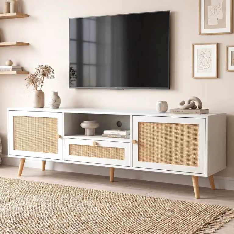 Wovena White Rattan TV Unit with 2 Door Storage Cabinet, W: 160 cm, D: 40 cm, H: 55 cm