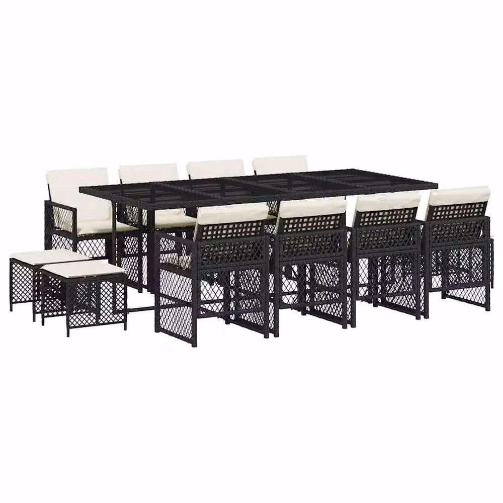 Berkfield Home 13 Piece Black Poly Rattan Garden Dining Set with Cushions and Glass Top – 2
