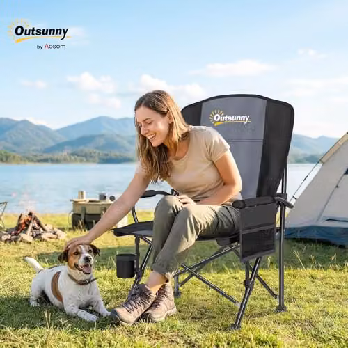 Outsunny Padded Folding Camping Chair for Adults in Black with Armrests and Cup Holders – 2