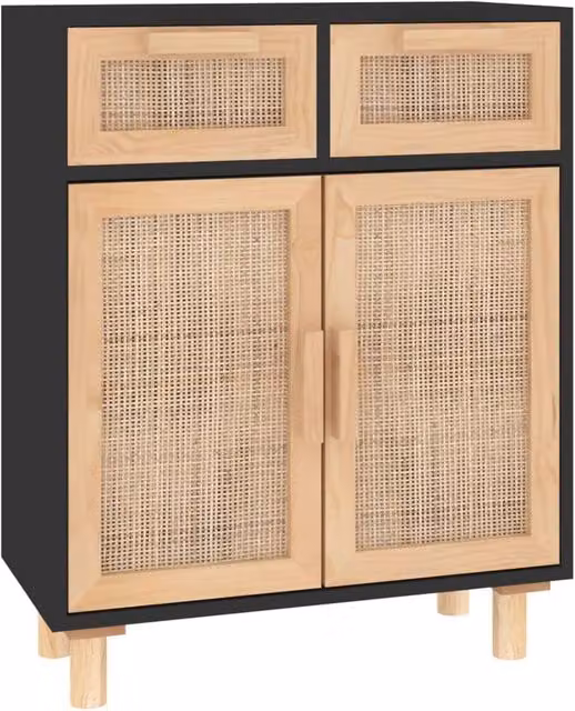 Berkfield Home Black Sideboard in Solid Pine and Natural Rattan, W/D/H: 60 x 30 x 75 cm – 1