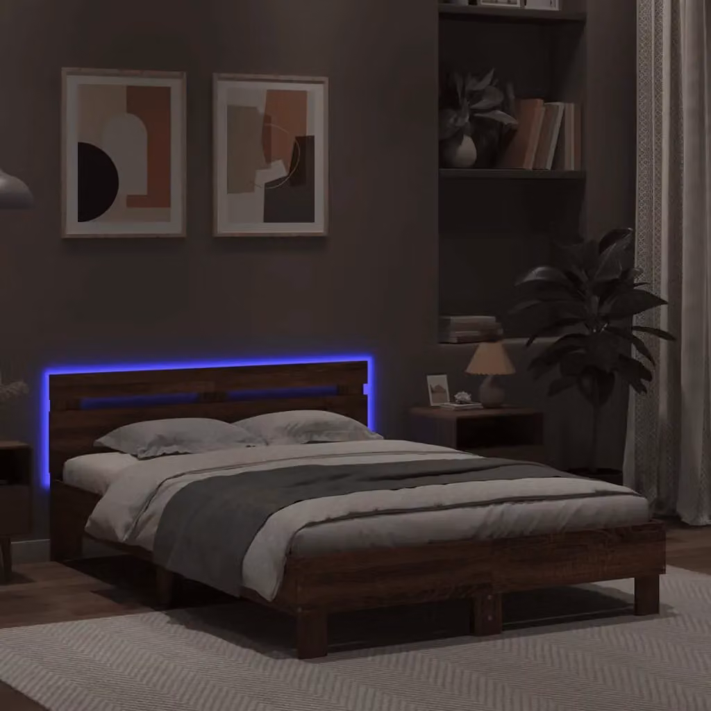 Berkfield Home Modern Double Bed Frame in Brown Oak with LED Under-Bed Lighting and USB Charging Port, W/D/H: 135 x 190 cm – 4
