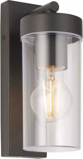 Loops Modern Outdoor IP44 Wall Lantern Light, Grey Stainless Steel with Transparent Glass, Dimmable 15W E27 LED