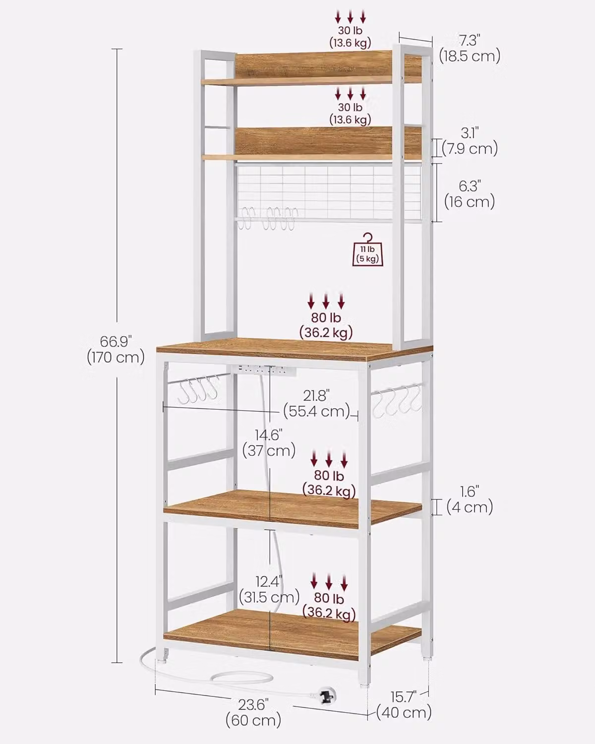 VASAGLE Compact Freestanding Kitchen Rack with Power Outlet and Adjustable Shelves in Brown – 2
