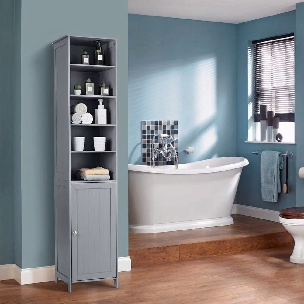 VOGREX Tall Slim Freestanding Bathroom Storage Cabinet with Adjustable Shelves in Grey Matt – 3
