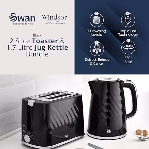 Swan Windsor Kitchen Set, 1.7L Kettle and 2 Slice Toaster in Black – 7