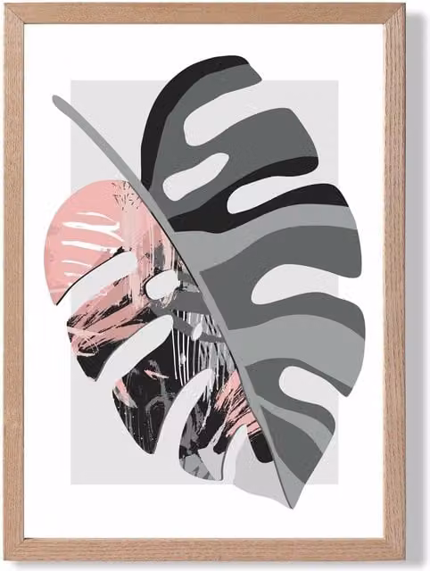 ARTZE Monstera Grey and Pink Boho Botanical Framed Print with Oak Frame, W: 21.0 cm, H: 29.7 cm
