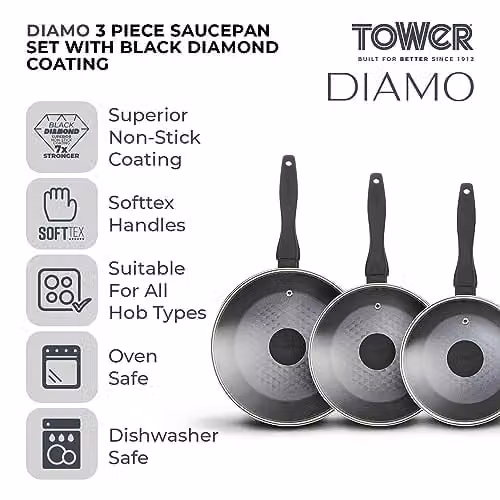 Tower Diamo 3 Piece Black Ceramic Non-Stick Saucepan Set with Glass Lids – 1