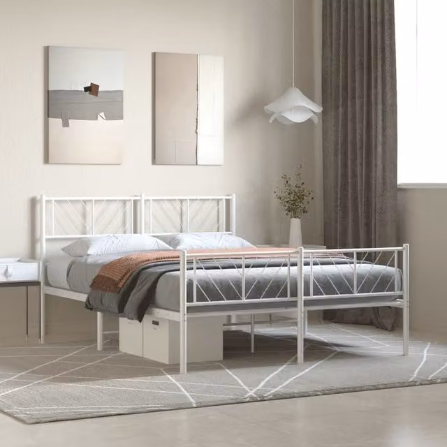 Berkfield Home Metal Bed Frame with Headboard and Footboard, White, W: 135 cm, L: 190 cm – 1