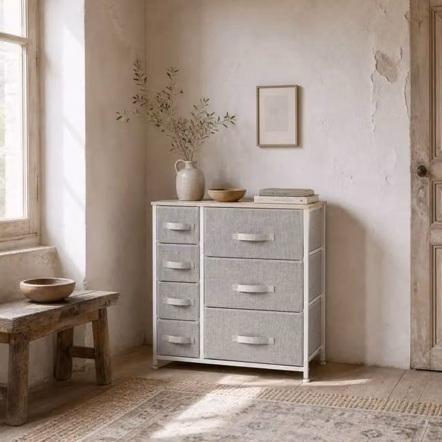 Wyld Haus Lireta 7 Drawer Fabric Chest with White Metal Frame and Oak Top, W/D/H: 63.5 x 30.0 x 71.0 cm