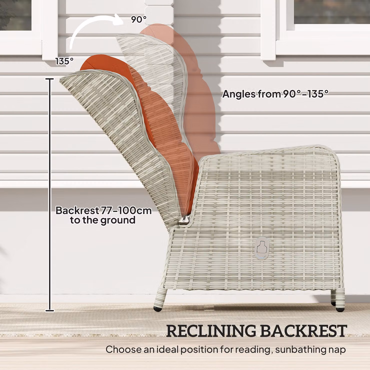 Outsunny 5 Piece Rattan Bistro Set with Adjustable Back, Reclining Wicker Balcony Furniture with Cushions, Glass Top and Footstools, Orange – 4