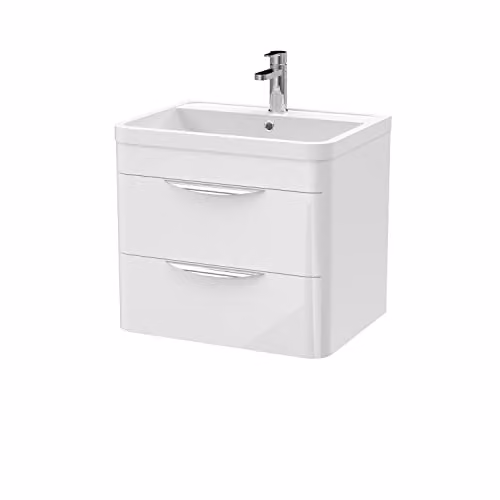nuie Parade Modern Wall Hung Bathroom Vanity Storage Unit with Ceramic Basin and 2 Drawers, Gloss White, W: 60 cm, D: 45 cm, H: 54 cm