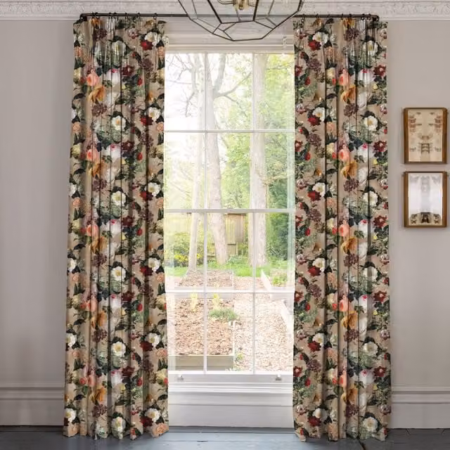 Linda Barker Florabunda Made To Measure Velvet Curtains in Parchment Beige and Multicolour Floral Design