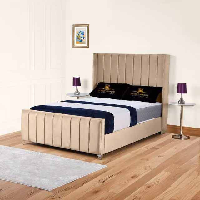 UK Bed Furniture Empire Winged Gas Lift Ottoman Upholstered Velvet Bed in Beige, Size: Small Double (120 x 200 cm) – 1