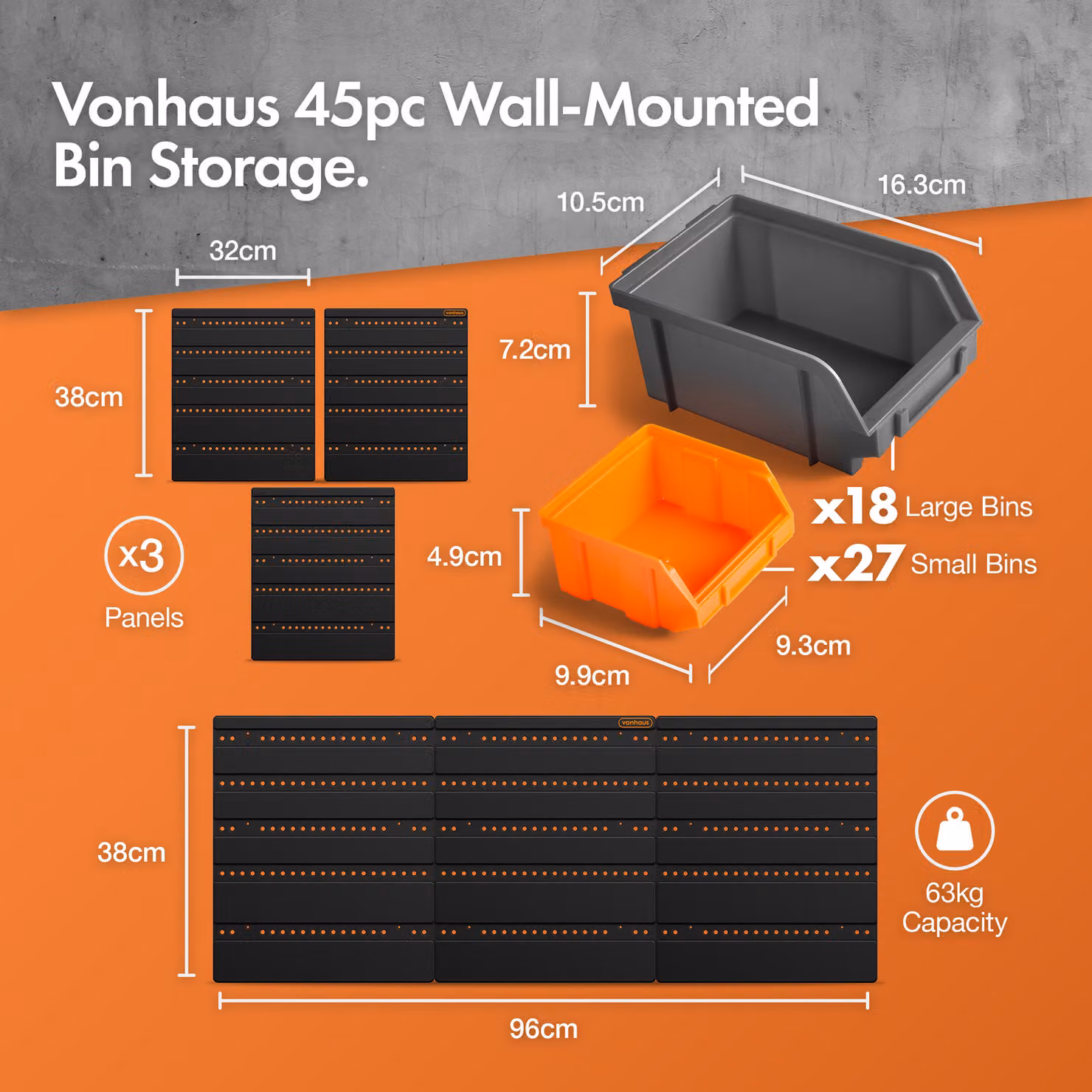 VonHaus 45-Piece Wall Mounted Plastic Workshop Storage Bins in Black – 2