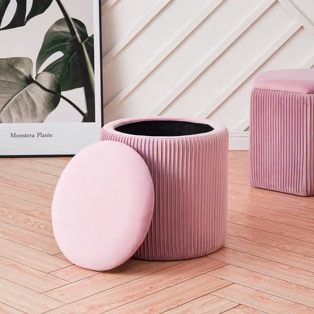 Livingandhome Round Pink Velvet Fabric Storage Ottoman