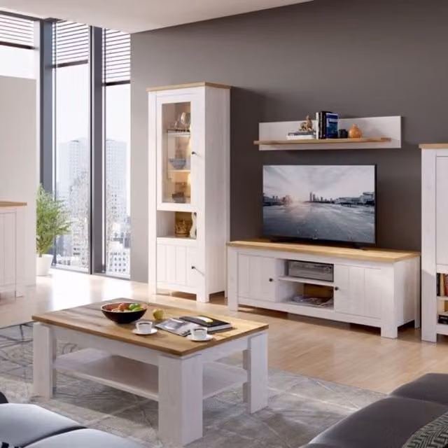 Furniture To Go Celesto Modern White Display Cabinet with Glass Doors and LED Lighting