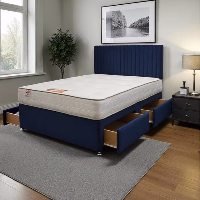 Knight Sleep Emily Plush Bed Set with Hybrid Mattress and 4 Drawers in Navy Blue, W/D/H: 200 x 220 cm