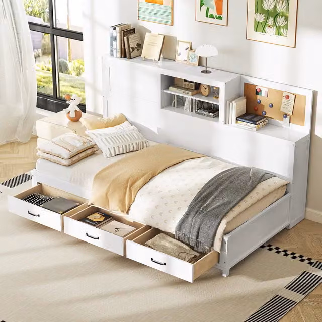 COSTWAY Modern White Daybed Frame with Storage Drawers and Bedside Shelf, W/D/H: 140 x 200 cm