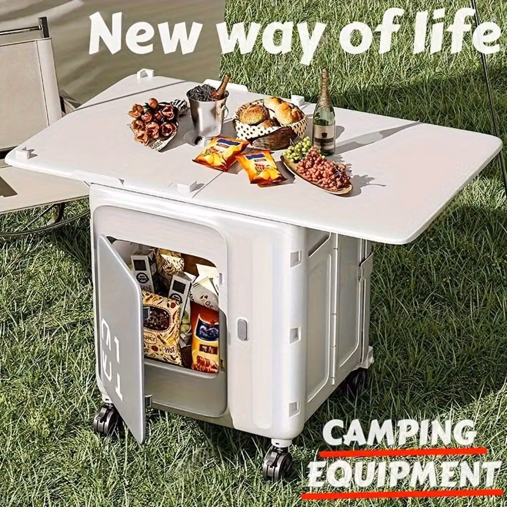 Ventryn Collapsible Wagon Table with Telescopic Handle Shopping Picnic Trolley, White – 5