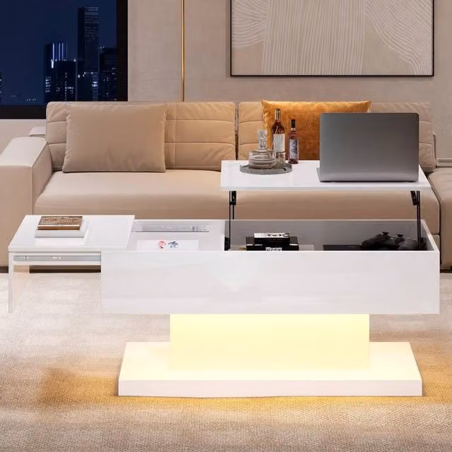 VOGREX White Glossy Lift Top Coffee Table with LED Lighting and Storage Compartment