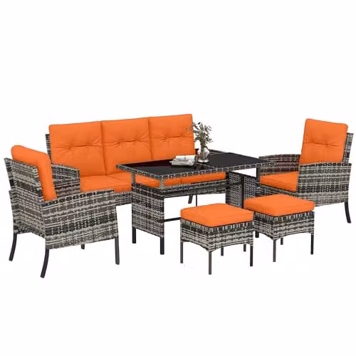 Outsunny 6 Piece Rattan Garden Furniture Set with Orange Upholstered Cushions and Powder Coated Steel Frame – 1
