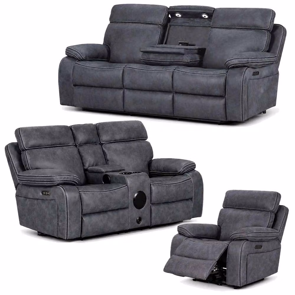 Furnishings For Less UK Tokyo LeatherAire Grey 3 + 2 + 1 Electric Recliner Sofa Set – 4