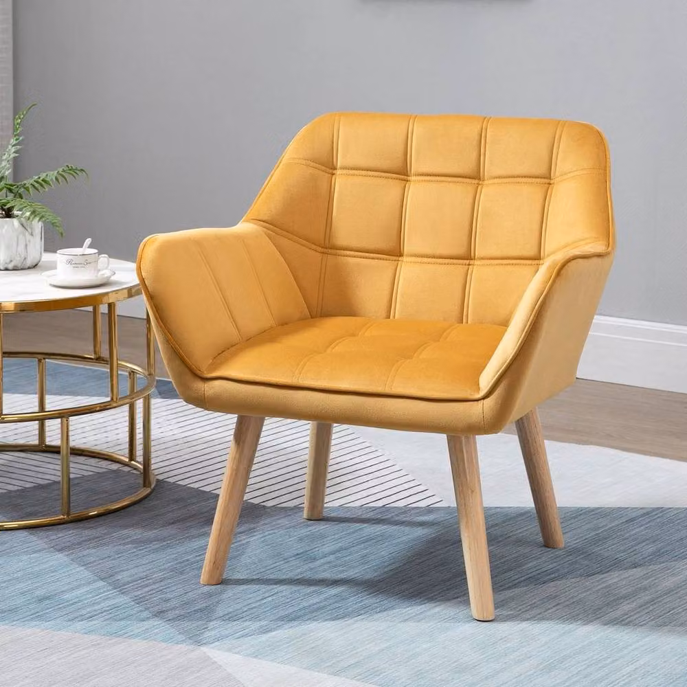 FORGEVIO Set of 2 Yellow Velvet Accent Chairs with Armrests and Rubberwood Legs – 2