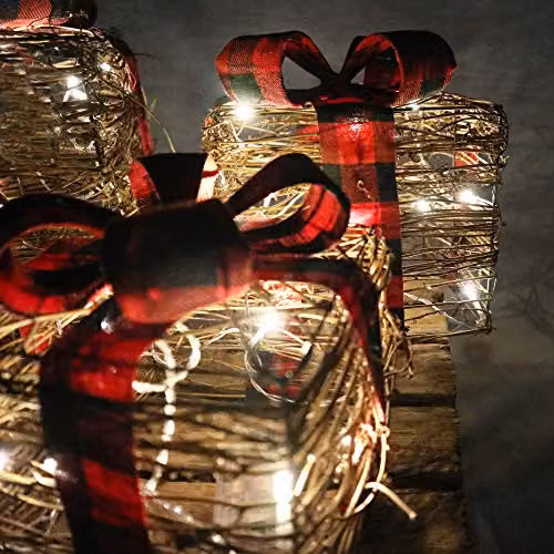 Shatchi Set of 3 Pre-Lit LED Glitter Christmas Light Up Parcels in Brown – 2