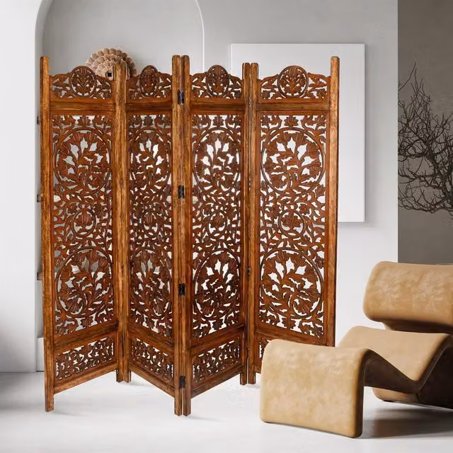 Topfurnishing 4 Panel Lotus Carved Wooden Room Divider Screen in Brown and White