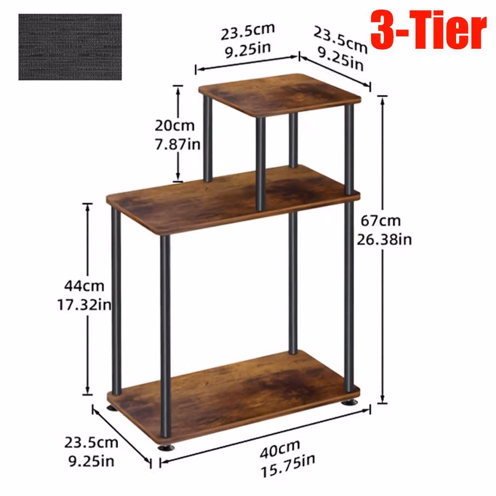 Ventryn 3-Tier Industrial Side Table with Metal Frame in Brown and Black, H: 67 cm x W: 40 cm x D: 3 cm – 2