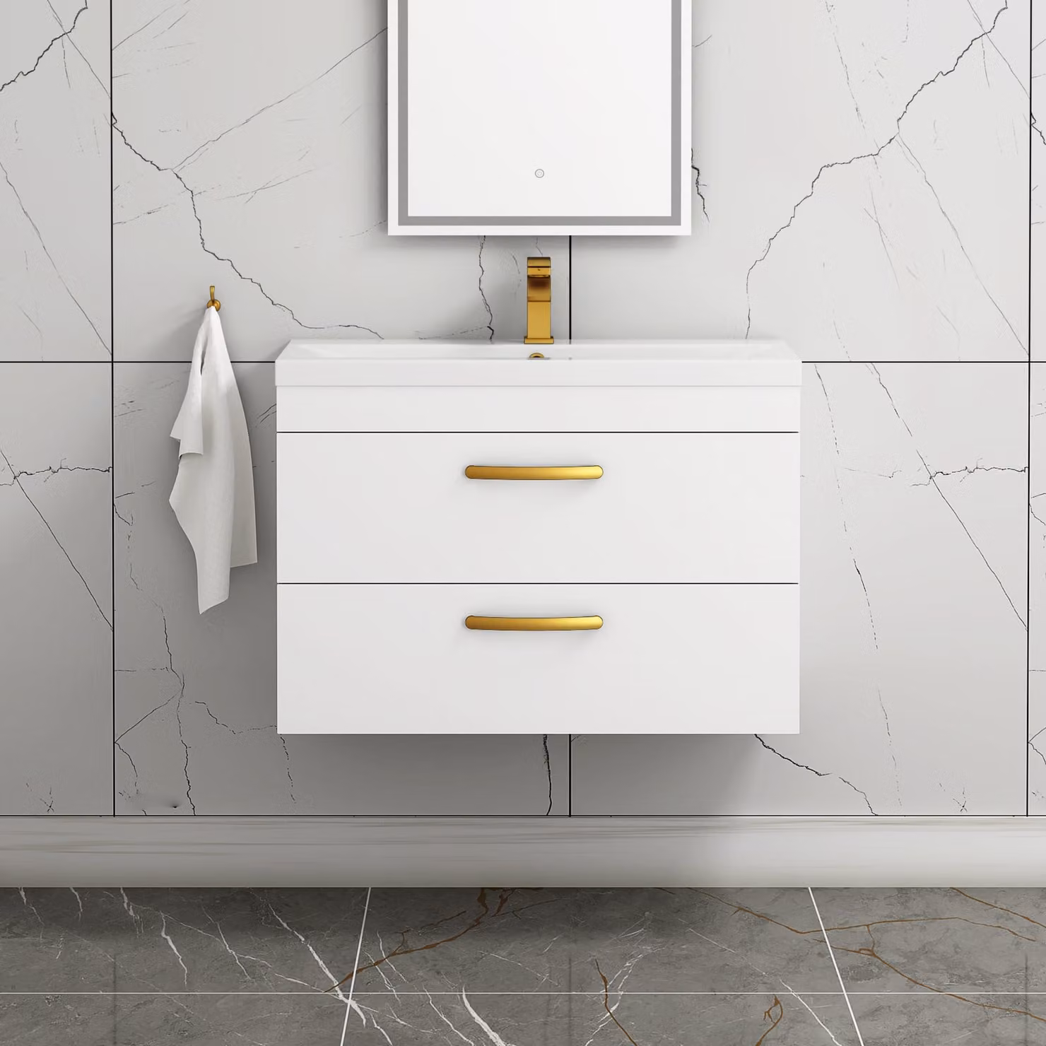Royal Bathrooms Turin 800mm Wall Hung Gloss White Vanity Unit with 2 Drawers and Brushed Brass Handle