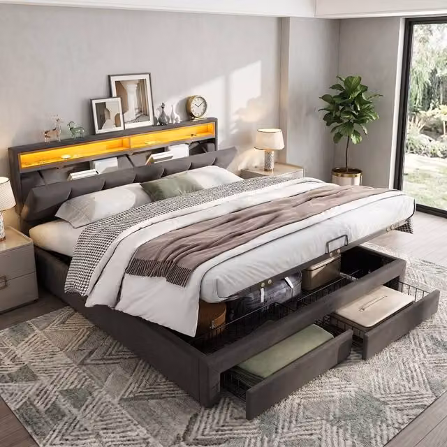 Rolipo Grey Linen Super King Upholstered LED Storage Bed W: 180 cm, D: 200 cm