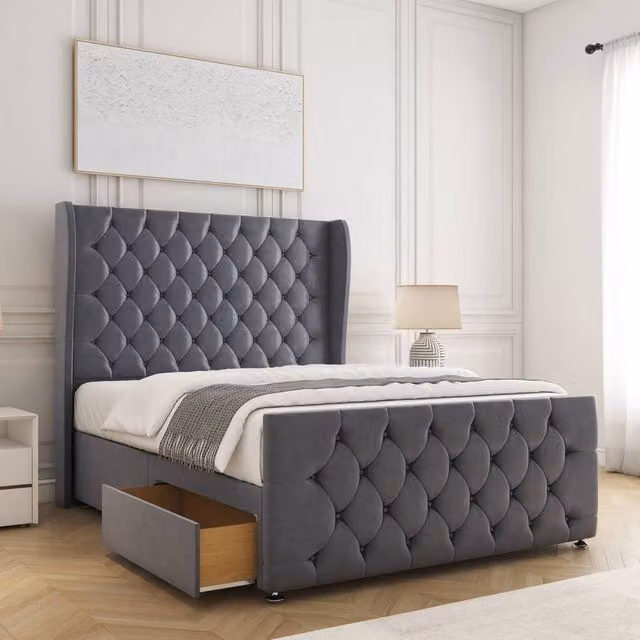 BSSPOKE Anna Plush Velvet Small Double Divan Bed with 54 inch Headboard, 2 Drawers and Mattress in Charcoal Grey, W/D/H: 120 x 200 cm