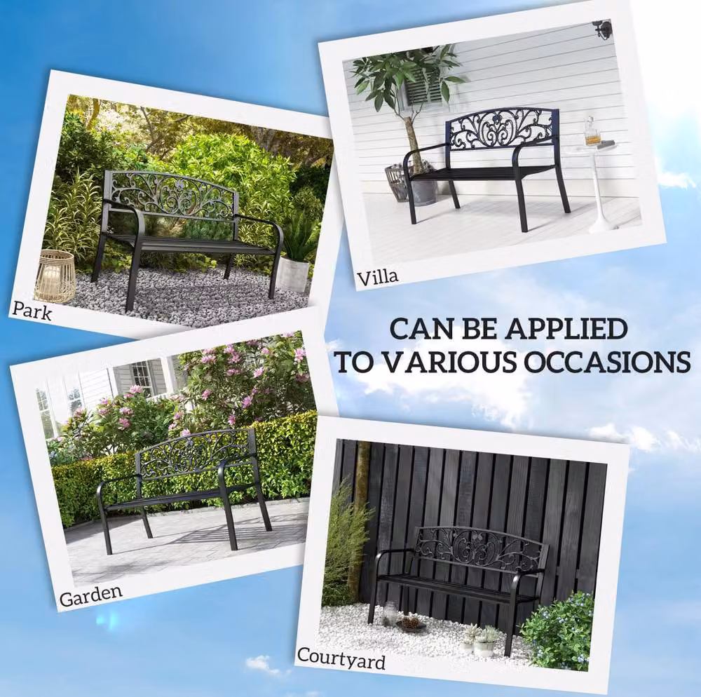 STILVORA 2 Seater Garden Bench with Floral Back in Matt Black Metal – 7