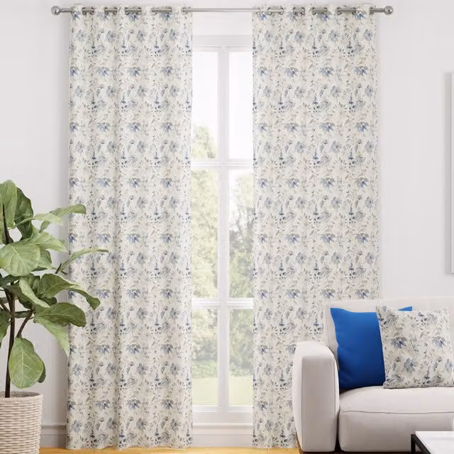 Terrys Como Made to Measure Blue Floral Blackout Eyelet Fabric Panel Curtains