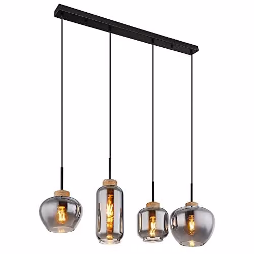 Globo Lighting Netlighting Bar Pendant Light with Black Metal and Grey Smoke Glass Shades, 4x E27 Sockets, H x W x D: 120 x 96 x 23 cm