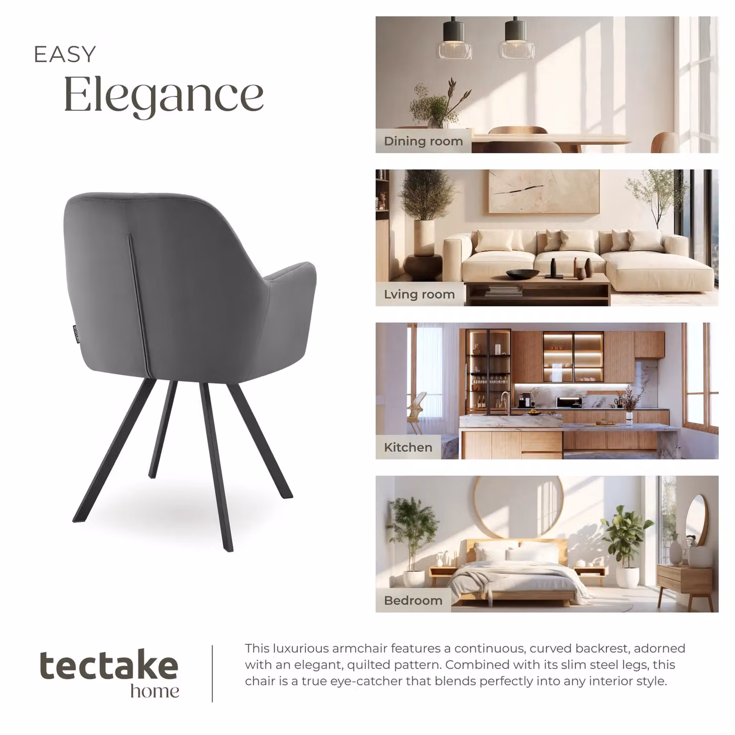 tectake Lucia Armchair in Anthracite Dark Grey with Velvet Upholstery and Metal Frame – 6