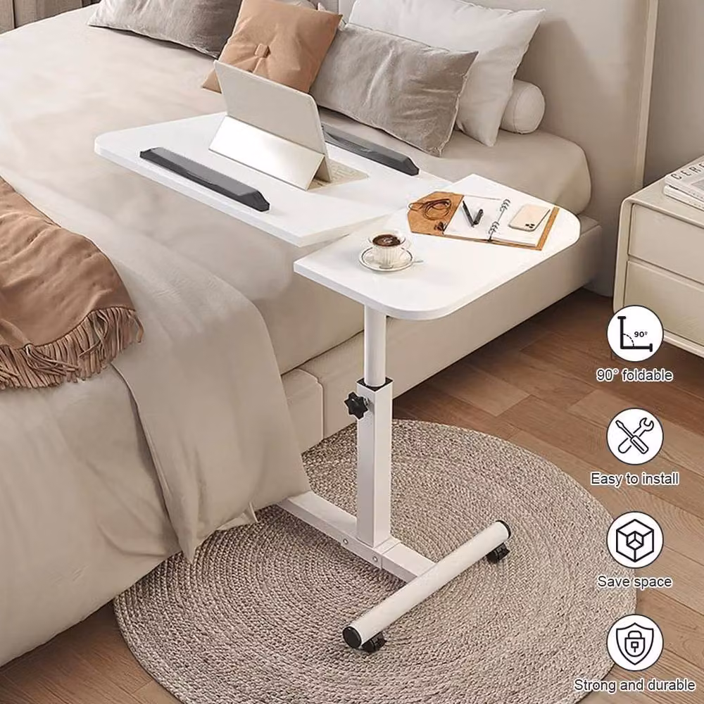 FORGEVIO White Height Adjustable Mobile Over Bed Table with Tilting and Rotating Top – 2