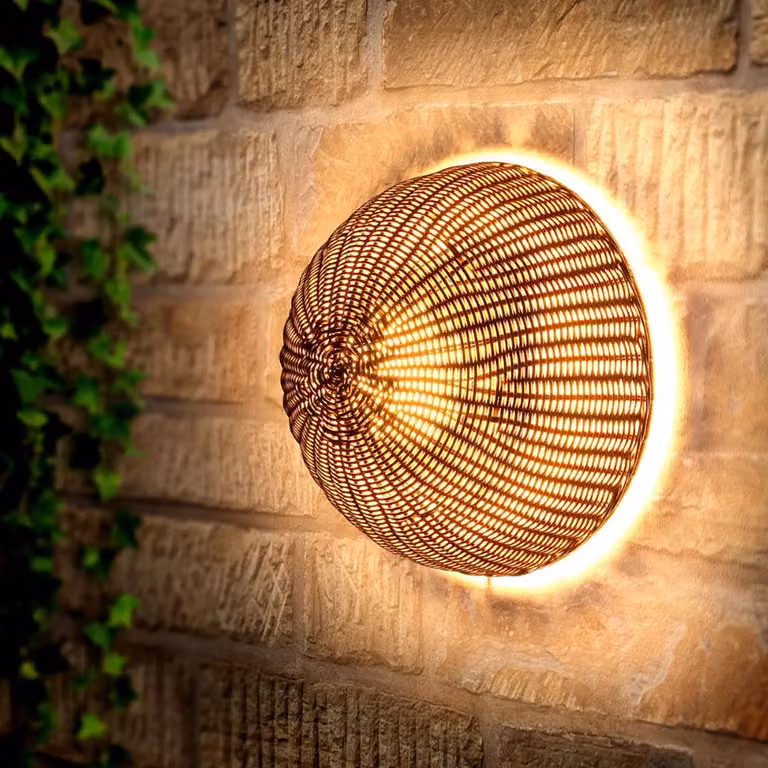 Noma Cerchio Rechargeable Rattan Wall Light in Brown with Remote Control and Timer