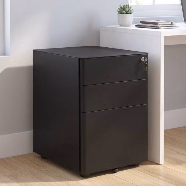 STILVORA Lockable Metal Filing Cabinet with 3 Drawers and Castors in Matt Black, W/D/H: 39 x 48 x 59 cm