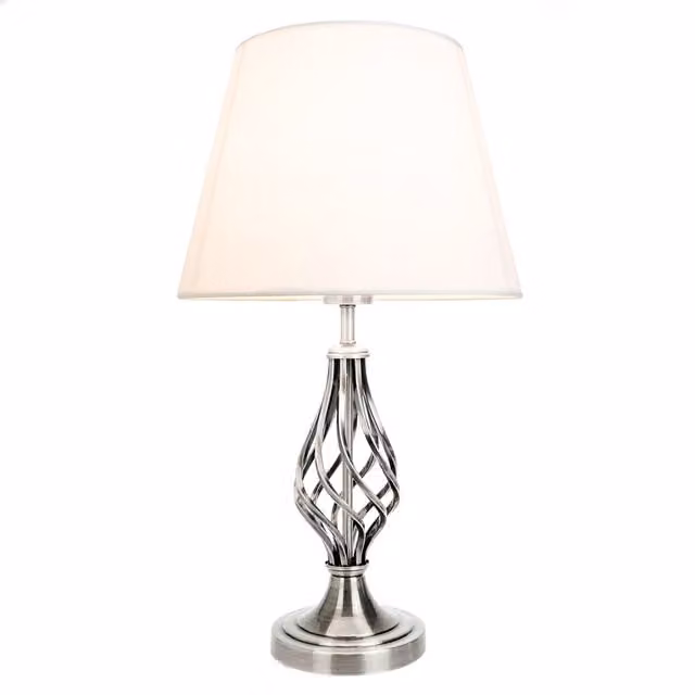 Happy Homewares Traditional Table Lamp with Barley Twist Base and White Fabric Shade in Metallic Silver