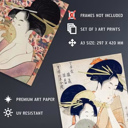 Artery8 Set of 3 Kitagawa Women Japanese Ukiyo-e Wall Art Prints, Pink, Blue and Multicolour, W/H: 29.7 x 42.0 cm – 4