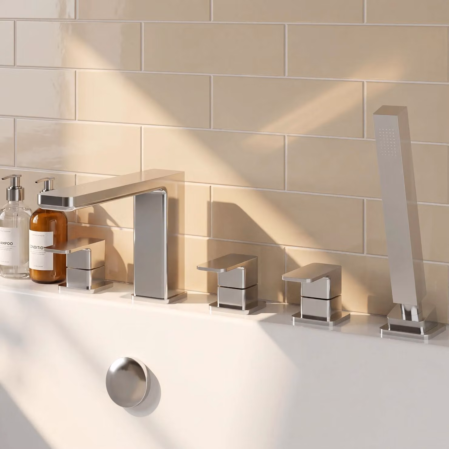Balterley Deck Mount Square 5 Tap Hole Bath Shower Mixer Tap with Shower Kit in Silver Chrome – 2