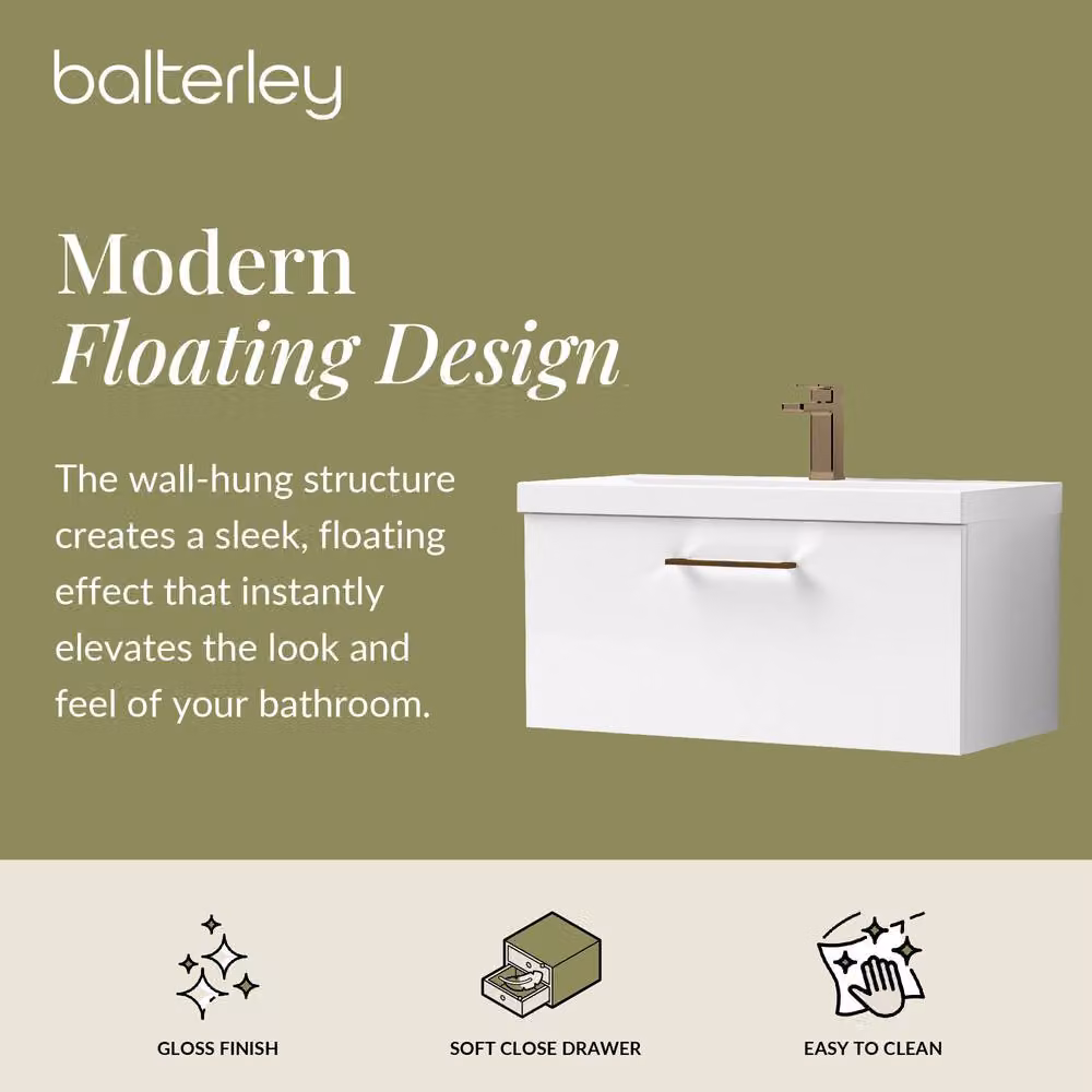 Balterley Gloss White Wall Hung 1 Drawer Vanity Basin Unit with Bronze Handle, Width: 80 cm – 2