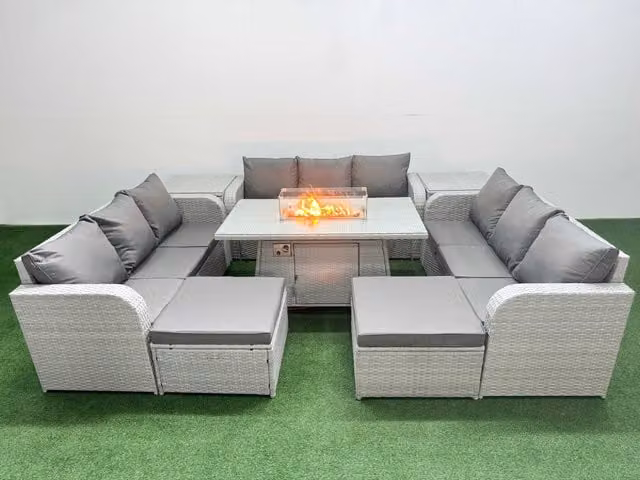 Fimous 11 Seater PE Rattan Outdoor Garden Lounge Sofa Set with Firepit Dining Table, 3 Seater Sofa, 2 Big Footstools and 2 Side Tables in Light Grey